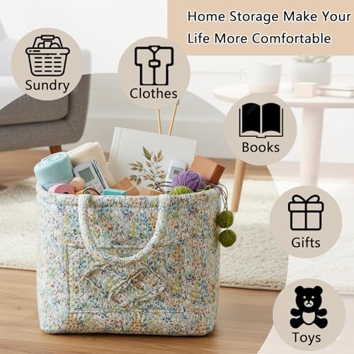 Quilted Fabric Storage Basket with Handles & Pocket, Foldable Laundry Hamper Boho Floral Print Organizer Bin for Home, Picnic, Office 12"x10"x10" (A-3) - color: A-3