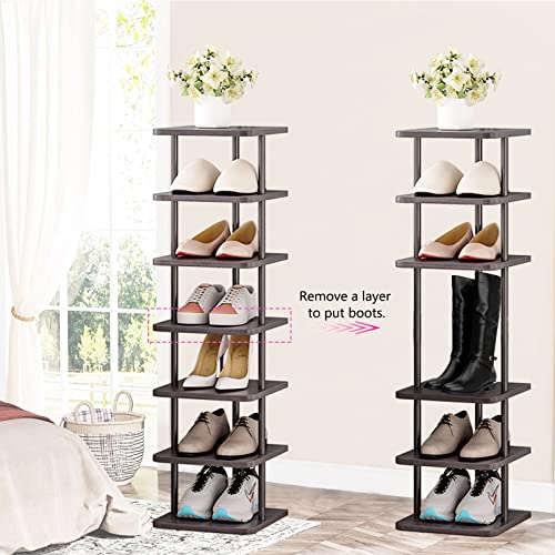 SORCEDAS 7 Tiers Vertical Shoe Rack Wooden Shoe Storage Organizer for Space Saving Narrow Shoe Shelf Storage 7 Pairs for Entryway Living Room Bedroom(Black + Rustic Dark Brown) - color: Black + Rustic Dark Brown, size: 7 Tier-Standard