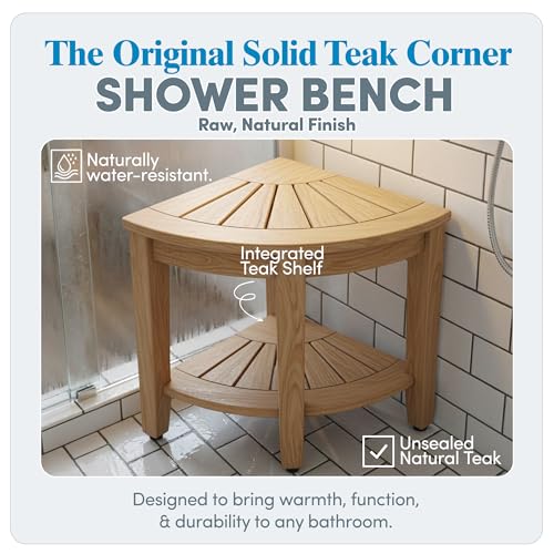 AquaTeak 15.5" Kai-Raw Corner Teak Shower Bench - Shower Stool with Storage Shelf for Bathroom - Durable Water Resistant Shower Chair - Shaving Foot Rest - Indoor & Outdoor Use - size: Raw, style: Corner Stool With Shelf