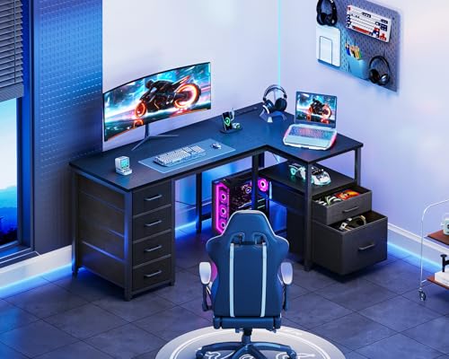 Coleshome L Shaped Computer Desk with 6 Drawers & Power Outlet, 55 Inch Corner Desk with Reversible Storage Shelf & File Drawer, Home Office Desk, Black - color: Black, size: 55 Inch