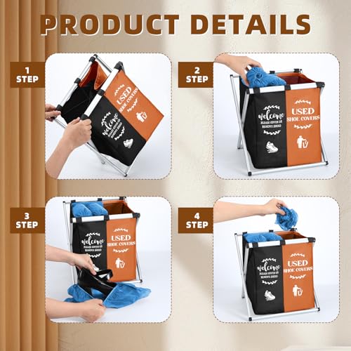 Wonderjune Foldable Disposable Shoe Cover Box Dispenser Fabric Storage Bin Holder with Used Shoe Covers and Welcome Please or Remove Sign for Open House Supplies (Black, Orange) - color: Black, Orange