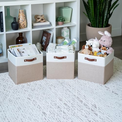 OrganiHaus 12" x 12" x 12" Fabric Storage Bins - Set of 4, Cube Canvas Organizer Bins with Vegan Handles, Kallax Storage Cubes, 12 Inch Cubic Baskets for Shelves - Beige/White - color: Beige Base / Off-White, size: (12x12) Leather Handles