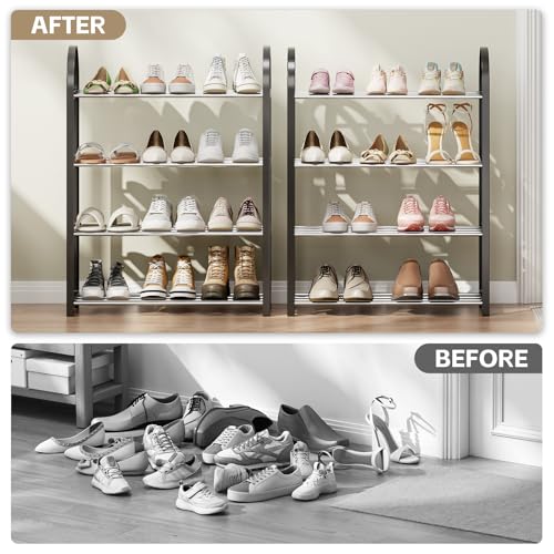 APEXCHASER 4-Tier Metal Shoe Rack, Small Shoe Organizer for Entryway & Closet, Free-Standing Adjustable Shoe Storage Shelf, Space-Saving Shoe Rack Closet, 19.29" D x 7.28" W x 25.59" H, Black