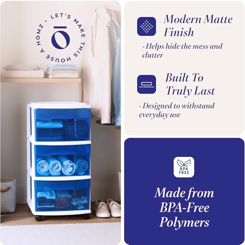 HOMZ Drawer Tower, 3-Tier Clear Blue Plastic Storage Organizer Cart, White Frame - Rolling Drawer Containers with Wheels for Bathroom, Bedroom, Office, and Classroom Organization - color: White Frame/Blue Drawers, size: 1 Pack