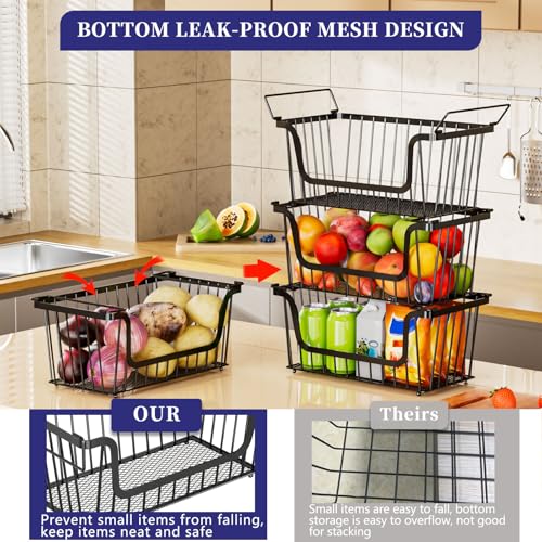 4 Pack Enhanced Leak-Proof Bottom Stackable Wire Baskets, Pantry Organizers and Storage, pantry storage，Shelf Baskets, Fruit Basket, Potato and Onion Storage Bins，(Black) - color: 4Pack-Black Baskets