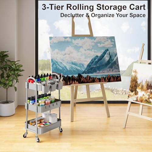 3 Tier Gray Metal Rolling Cart, Mesh Storage Cart with Handle and Lockable Wheels, Multifunctional Three Tiered Utility Organizer Carts for Kitchen, Office, Bathroom, Craft, Art, Snack, Baby Supplies - color: Calm Gray, size: 3 tier