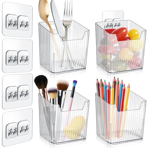 4 Pack Acrylic Wall Mount Organizer, Adhesive Cabinet Door Storage Bins, Clear Makeup Containers, Stackable Organizer Basket for Kitchen, Bathroom, Cabinet, Pantry, Office