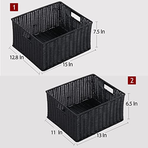 HOONEX Large Wicker Baskets for Storage, Plastic Baskets for Organizing with Dual Handles, Woven Baskets for Storage, Set of 2, (Black, 15 x 12.8 x 7.5 inches) - color: Black, size: 15 x 12.8 x 7.5 inches