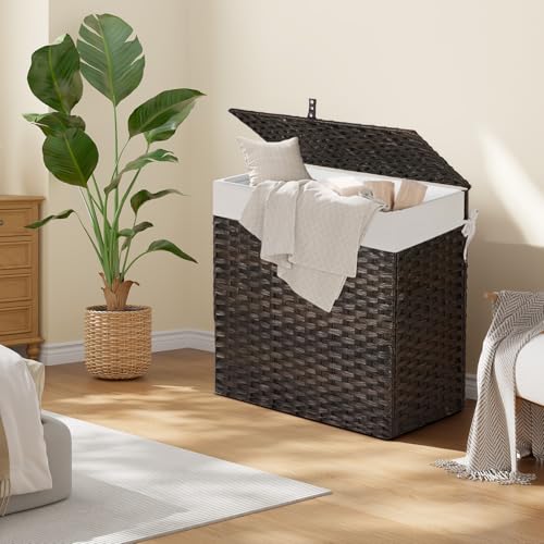 Greenstell Laundry Hamper with Lid, 125L Wicker Laundry Baskets with 2 Removable Liner Bags & 5 Mesh Laundry Bags, Handwoven Rattan Clothes Hamper with Handles for Clothes in Bathroom, Bedroom - color: Light Brown