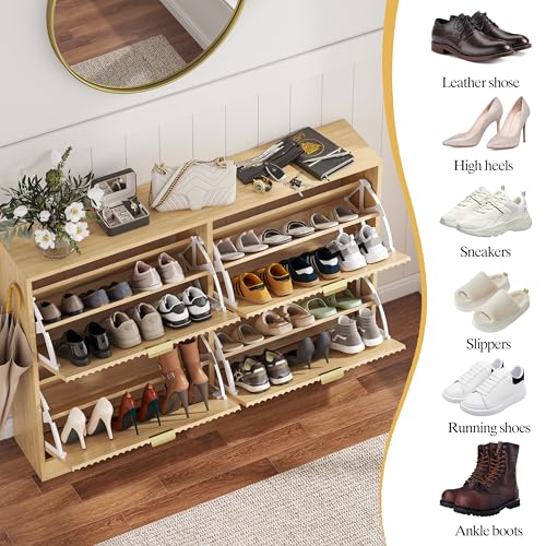 HUANLEGO Shoe Cabinet Storage for Entryway with 4 Flip Drawers, Oak Fluted Shoe Cabinet with Adjustable Shelves, Wooden Hidden Shoes Rack Freestanding Narrow Slim Shoes Storage for Hallway, Entrance - color: Oak, size: 4 Drawer without Bench