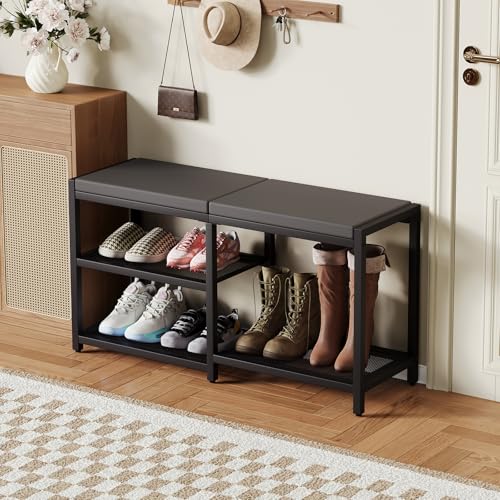 ZHOOGE Shoe Bench & Rack Storage Bench - Entryway Bench with Seat Cushion, Stable Organizer for Entryway & Living Room, Holds Up to 300 lb, (35" L x 12" W x 17" H, Black) - color: Black, size: 35"L x 12"W x 17"H