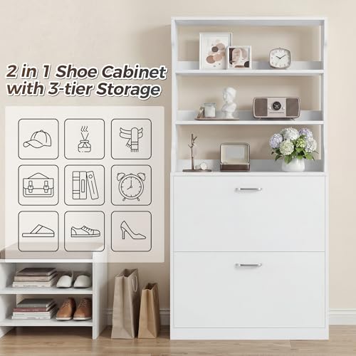 IRONCK Tall Shoe Cabinet with 2 Flip Drawers, Narrow Hidden Shoe Storage Cabinet with Shelves, Slim Freestanding Shoe Organizer for Entryway, Hallway, White - color: White