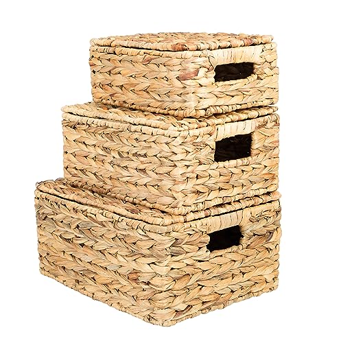 Wicker Storage Baskets, Hand-Woven Rectangular Wicker Basket with Lid for Bedroom & Living Room, Nesting Rattan Basket for Shelves (Water Hyacinth, 3-Pack)