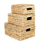 Wicker Storage Baskets, Hand-Woven Rectangular Wicker Basket with Lid for Bedroom & Living Room, Nesting Rattan Basket for Shelves (Water Hyacinth, 3-Pack)