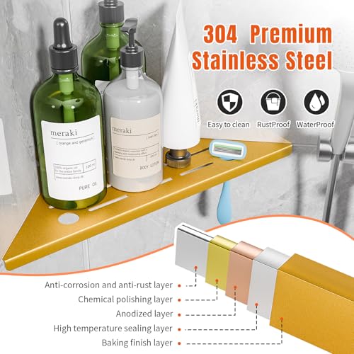Shower Corner Shelf with Razor Hole,Modern Style Shower Caddy, Sturdy 304 Stainless Steel Shower Organizer,No Drilling Bathroom Corner Shelf for Tile Wall Gold 2 Pack-10 - color: 7-gold