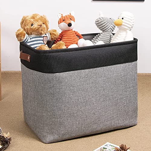 DULLEMELO Large Collapsible Storage Basket/Bin with Sturdy Leather Handles, Fabric Organizer Bin for Storage Clothes, Toys, Books, Office, Bedroom, Closet, Nursery & Laundry (Black&Gray) - color: Black&Gray, size: Large-17"x12"x15"