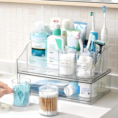 Vtopmart 6 PCS Bathroom Countertop Organizer, 1 Divided Tray with 4 Qtip Holder Jars and 1 Drawers, Restroom Clear Organizers for Toothbrush, Cotton Pads, Vanity Accessories Storage Set - color: Clear