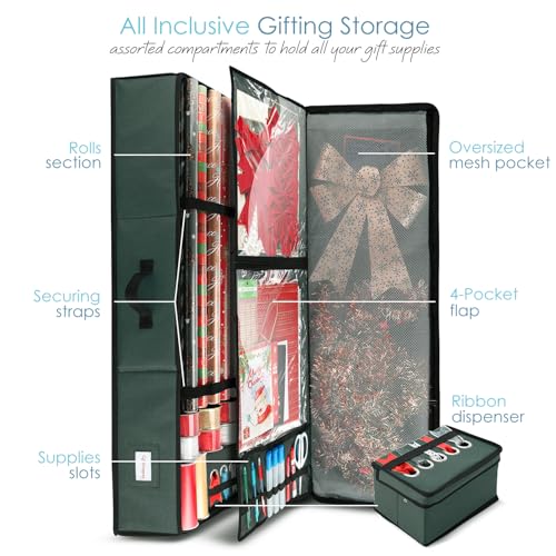 Hearth & Harbor Wrapping Paper Storage Container with Ribbon Storage Organizer - Christmas Storage Bag with Extra Interior Pockets - Gift Wrapping Organizer Storage Fits Up to 26 Rolls of 40" Length - color: Green, size: Large