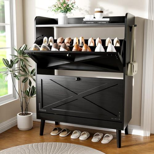 Shoe Storage Cabinet with 2 Flip Drawers, Freestanding Entryway Shoe Cabinet with 2 Side Hooks & Adjustable Shelves Slim Shoe Organizer Cabinet Narrow Shoe Rack for Entrance Hallway Front Door,Black - color: Black