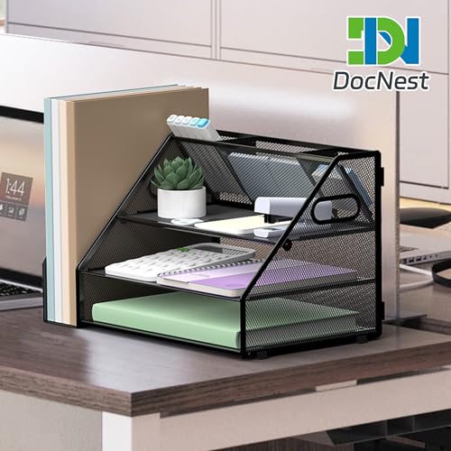 Docnest 3 Tier Metal Mesh Desk Organizer - Letter Tray with Built-in Pen Holder & Handle, Black - color: 3 Tier with File Holder-Black