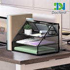 Docnest 3 Tier Metal Mesh Desk Organizer - Letter Tray with Built-in Pen Holder & Handle, Black - color: 3 Tier with File Holder-Black