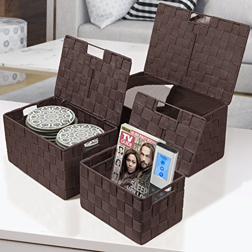 Sorbus Set of 3 Hand-Woven Storage Baskets with Lids – Decorative Wicker Organizers for Home, Closet, or Shelves (Choclate) - color: Chocolate