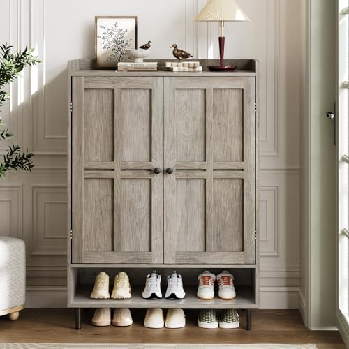 ComfyCorner Grey 7+1 Tier Farmhouse Shoe Storage Cabinet - 45" Tall Entryway Organizer with Cross Molding Doors, 3 Adjustable Shelves & Metal Legs, Shoe Rack for Front Door Entrance - color: Grey