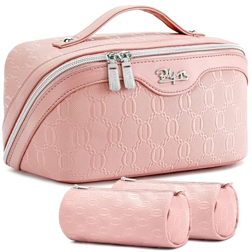 BOYATU Travel Makeup Bag for Women: Cosmetic Organizer Bag with Compartments - Leather Make up Bags Set of 3 (G-3-Pink) - color: G-3-Pink