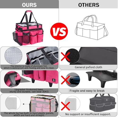 Extra large Rolling Cleaning caddy bag Built-in Hard Support Board,Cleaning Cart with Detachable Trolley, Housekeeping Cleaning caddy with Adjustable Shoulder Strap and Multiple Storage Pockets - color: Rose Red