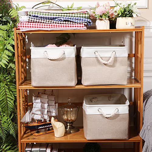 meekoo 8 Pack Collapsible Storage Bins Fabric Storage Bins Polyester Fabric Baskets with Handles Linen Closet Organizer for Shelf Home Closet Towels Toys(15 x 11 x 9.5 in,Beige) - color: Beige, size: 15 x 11 x 9.5 In