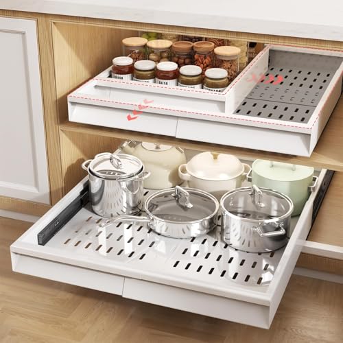 Seinloes 2 Pack Pull Out Cabinet Organizer With Raising Pad for Framed Cabinets,Expandable Width (13"-21") and Depth (17"-24"),3 Slide Rails Slide Out Drawers with Handle,No-Drill Roll Out Shelf,White - color: White, size: 13"-21"W x 17"-24"D(2Pack)