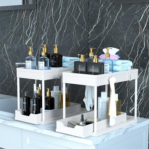 MEAFBIRD 2 Pack Under Sink Organizer, 2 Tier Bathroom Cabinet Organizer with Sliding Basket, Multi-Purpose Under Sink Organizers and Storage for Bathroom Kitchen (White 2 Pack) - color: White 2 Pack