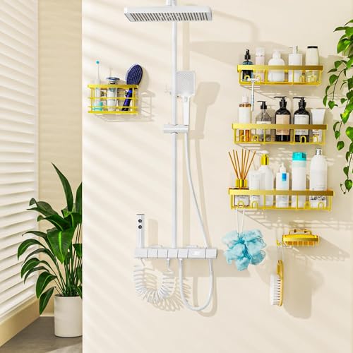 Moforoco Adhesive Shower Caddy Organizer Shelves Rack - 5 Pack Corner Bathroom Storage Organization, Home & Kitchen Decor Inside RV Accessories, Hanging First Apartment Household Camper Essentials - color: Gold