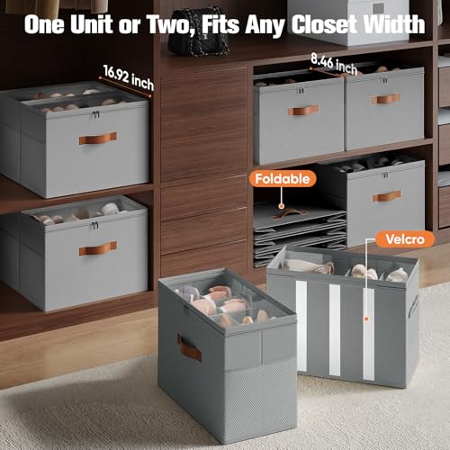 2 Pack Shoe Organizer for Closet,Foldable Shoe Storage Organizer with Adjustable Dividers, Shoe Storage Box with Clear Cover, Fits up to 16 Pairs, Gray - color: Gray, size: 2 Pack