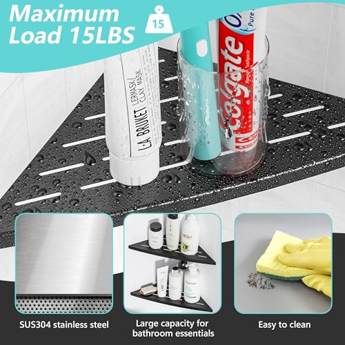 Qeke Corner Shower Shelf Matte Black, 304 Stainless Steel 11.5” Recessed Corner Shelf Bathroom for Tiled Wall, Floating Shower Shelves Shampoo Holder, No Drilling, 2 Pack - color: Matte Black
