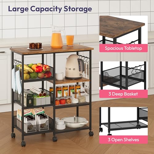 SWTYMIKI Kitchen Island Cart on Wheels - 28.35x14.57in Rolling Kitchen Table Cart with Storage Shelves, 6 Removable Hooks& Locking Casters, Coffee Bar Cabinet for Dining Room Pantry Office, Espresso - size: 28x14.57in, style: Espresso