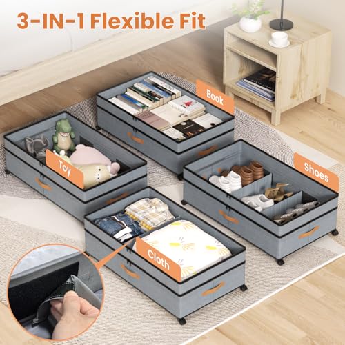 Storage Box,Under Bed Storage with Wheels 72L XXL Under the Bed Storage Containers Large, 10‘’ Tall Adjustable Storage for Underbed with Lids, Rolling for Shoes, Clothes, Blankets, Grey - color: Grey