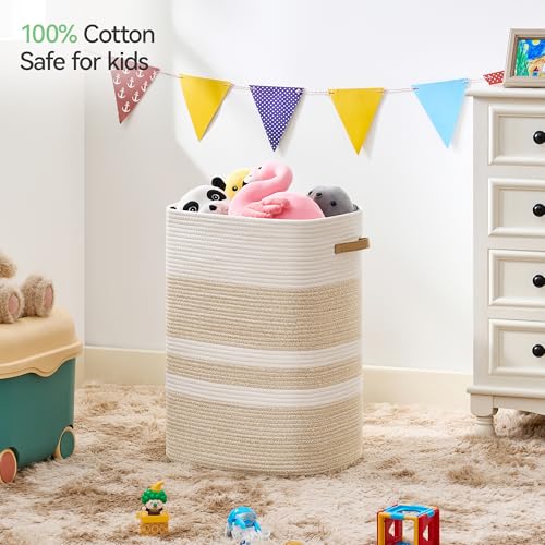Nunsino Laundry Hamper,Laundry Basket with Leather Handles,Woven Storage Basket for Toys,Pillows,Blankets,Clothes,Brown&White - color: Brown&White, size: 65 L