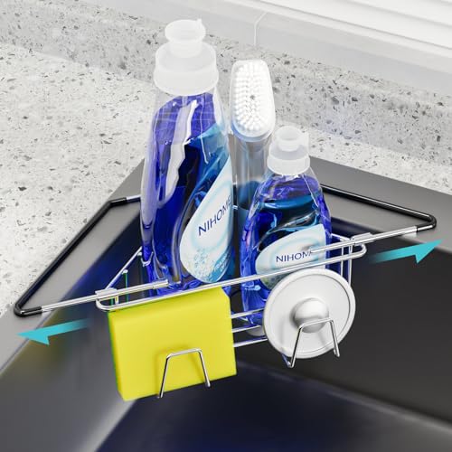 NiHome Extendable Arm Stainless Steel Kitchen Sink Corner Caddy, Easy Install Space-Saving Adjustable Sponge Holder, Non-Slip Rust-Resistant for Brushes, Soap, Sponges (Silver) - color: Silver