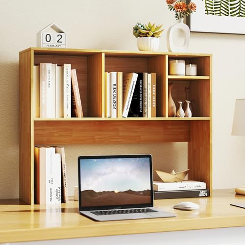 Tangkula Desktop Bookshelf, Countertop Storage Hutch with 4 Shelves for Computer Desk, Desktop 2-Tier Display Rack, Multipurpose Wood Desk Hutch Storage Organizer for Dorm Office Home - color: Burlywood, size: 4 Shelves