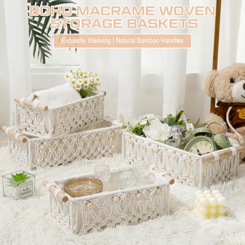 Vesici 4 Pcs White Macrame Storage Basket for Shelves 13 in 11 in Boho Storage Basket Hand Woven Boxes with Wood Handles Beads Decorative Countertop Toilet Tank Cabinet Organizer for Home Room Decor - color: White