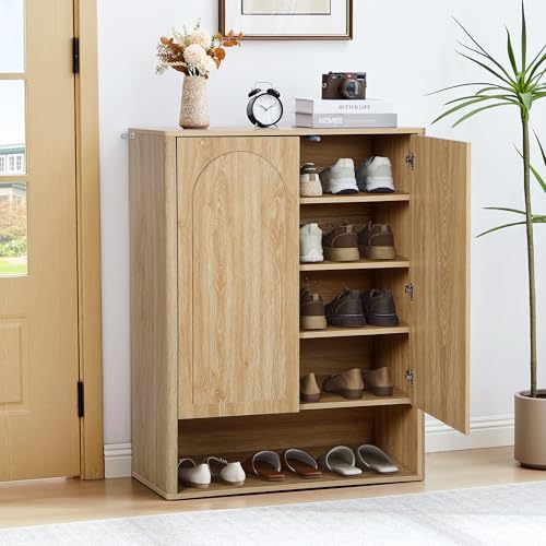Shoe Cabinet, 5 Tier Wooden Shoe Storage Organizer Cabinet with Adjustable Shelves, Shoes Rack Accent Cabinet for Entryway Hallway Living Room, Natural - color: Natural