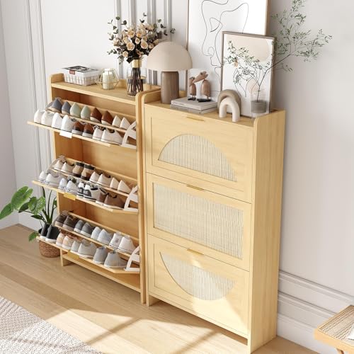 Patikuin Narrow Rattan Shoe Cabinet, 3 Semi-Circular Flip Doors Freestanding Shoe Storage Organizer, MDF Wooden Hidden Slim Shoe Rack for Entryway, Hallway, Foyer, Living Room - size: 3 Flip Drawers
