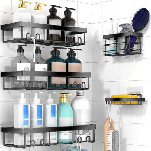 Moforoco Adhesive Shower Caddy Organizer Shelves Rack - 5 Pack Corner Bathroom Storage Organization, Home & Kitchen Decor Inside RV Accessories, Hanging First Apartment Household Camper Essentials - color: Black