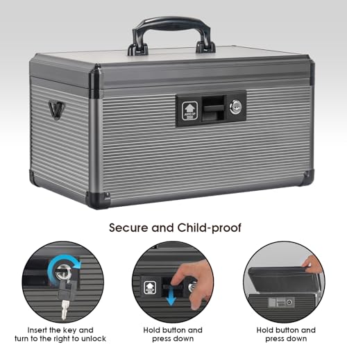 Medicine Lock Box with Key, Alluminum Alloy Box for Medication,First Aid Box with a Removeable Tray to Store Medicines & Pills for Home, Black, 14 * 8.46 * 7.48 Inch - color: Black, size: Large-14inch