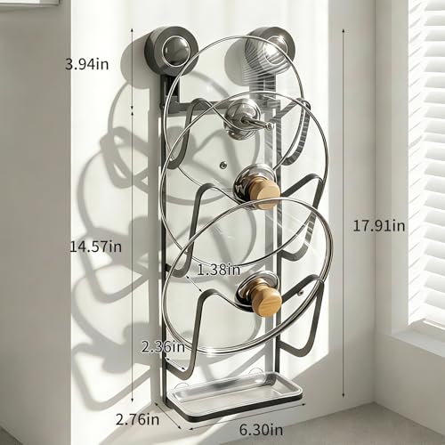 Pot Lid Organizer with Suction Cup and Drip Tray, 3 Tier Carbon Steel Kitchen Pot Lid Holder for Wall, Space Saving Lid Storage Rack for Pots and Pans