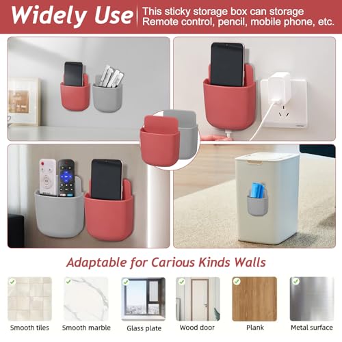 Remote Control Holder, Wall Mount Pen Holder Hole-Free Self Adhesive Phone Charging Organizer Pencil Storage Containers for Home Office School Supply Orgaizer(Red,Grey,2Pcs) - color: Red,Grey,2Pcs