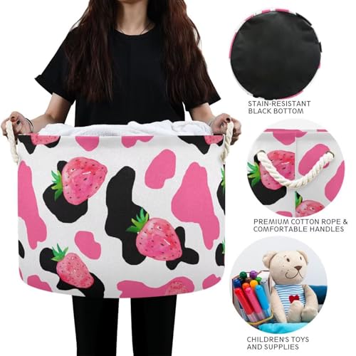 Pink Strawberry Cow Spotted Print Round Storage Basket Large Laundry Hamper 20 x 20 x 14 Inches Organizer Bin with Cotton Rope Handles Clothes Storage Bag for Nursery Bedroom Living Room Decor - color: Pink and Black