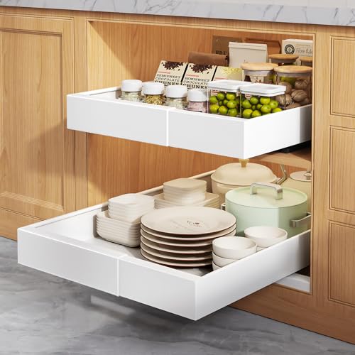 Seinloes 2 Pack Pull Out Cabinet Organizers 21" Deep With Raising Pad for Framed Cabinets, Expandable Width (9"-14") Slide Out Drawers Upgrade 3 Slide Rails, Roll Out Shelves Adhesive, White - color: White, size: 9"-14"Wide x 21"Deep(2 Pack)