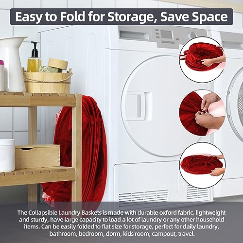 BATTOO Collapsible Laundry Baskets- Foldable Hamper for Laundry Extra Large Pop Up Laundry Hamper 107L with Long Straps Drawstring Clothes Hamper for Bathroom, Campout, Dorm or Travel Red - color: Red, size: 17.5"x27"